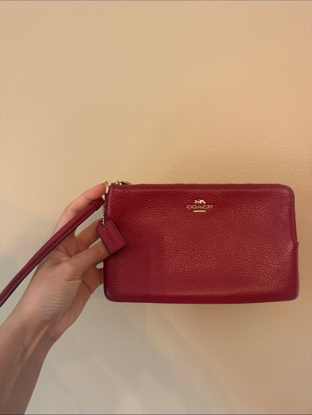 Coach Cherry Red Pebbled Leather Wristlet with Gold Logo